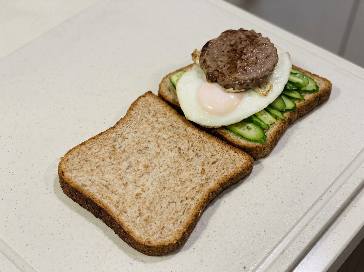 Un medallón de carne cocida y una rebanada de queso colocados sobre los huevos fritos y el pan.