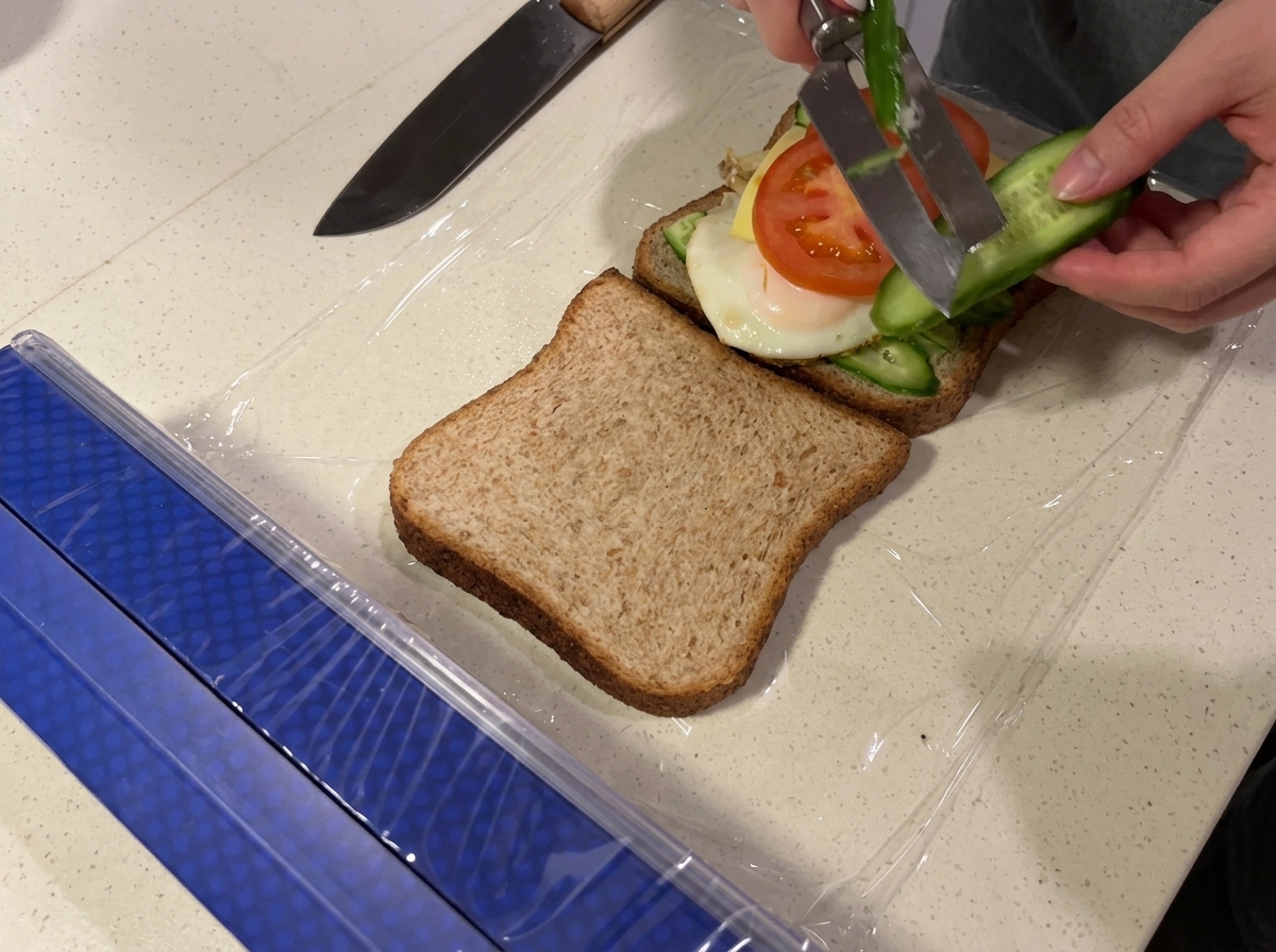 Láminas de pepino fresco siendo cortadas con un pelador sobre la capa de tomate del sándwich.