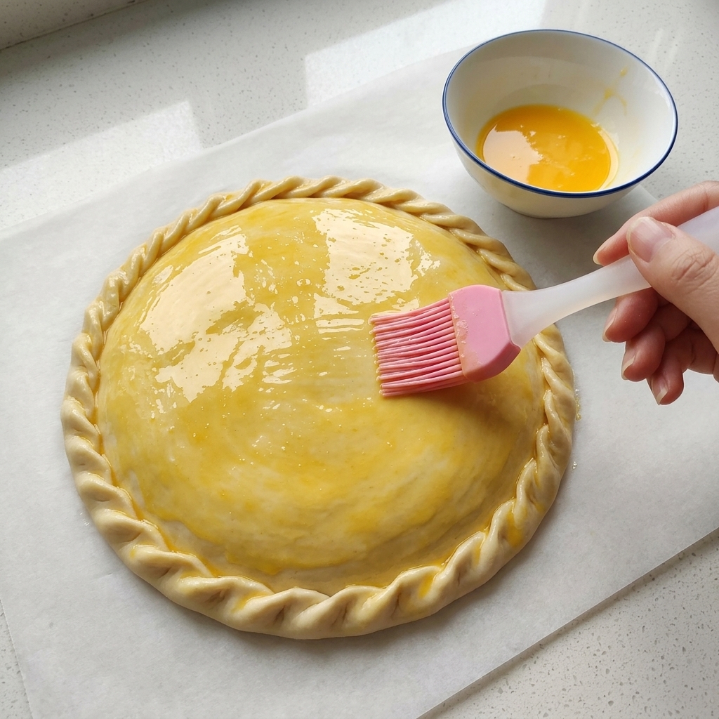 Una mano usando un pincel de silicona rosa para aplicar un lavado de yema de huevo amarilla sobre un pastel de masa sellado y rizado en papel pergamino.