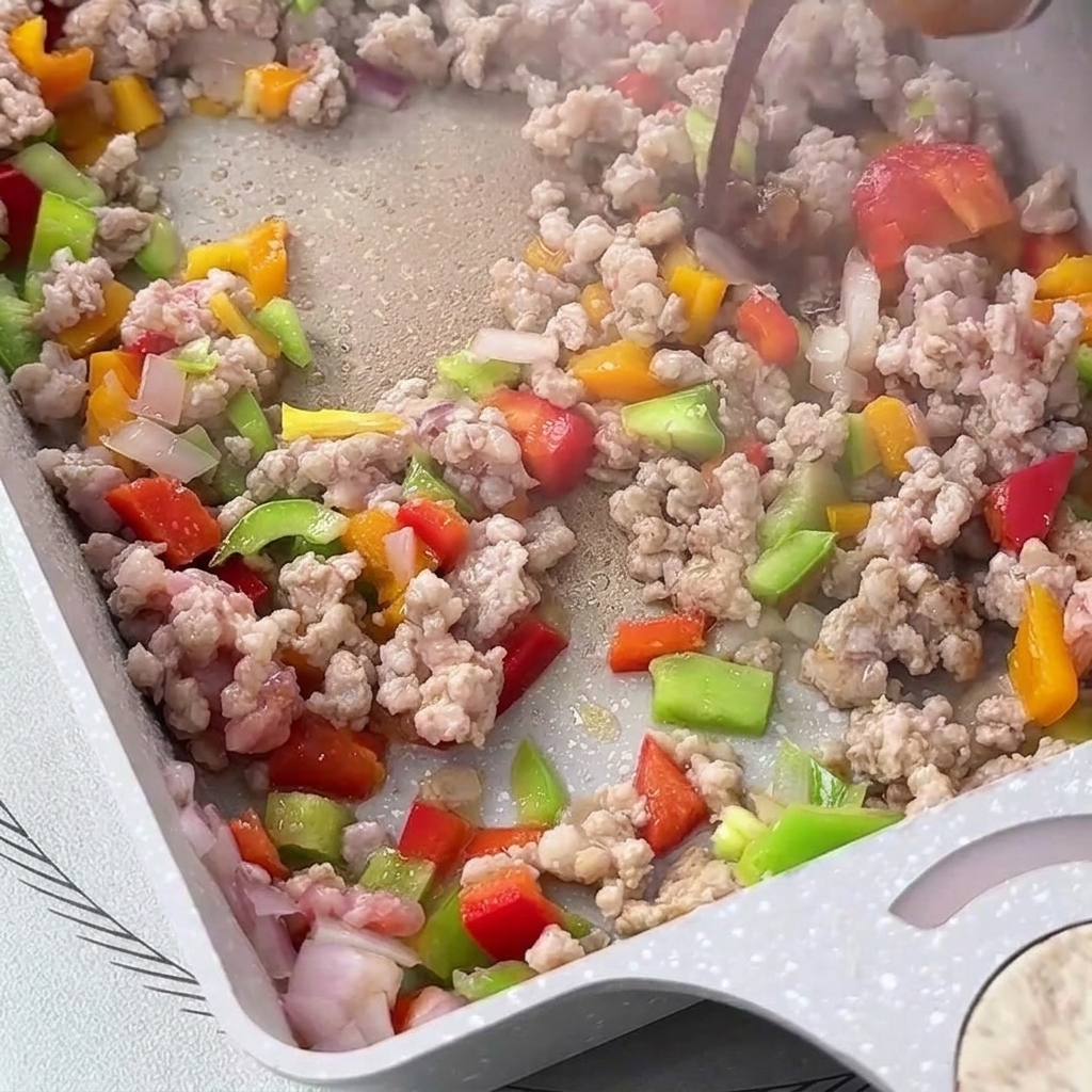 Salsa de soja oscura siendo vertida sobre la mezcla de carne y verduras cocinándose en la sartén.