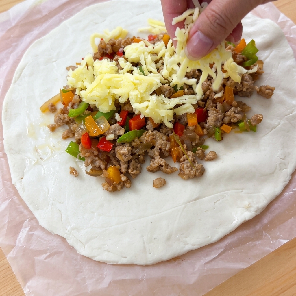 Queso mozzarella rallado siendo espolvoreado generosamente sobre el relleno de carne en la masa.