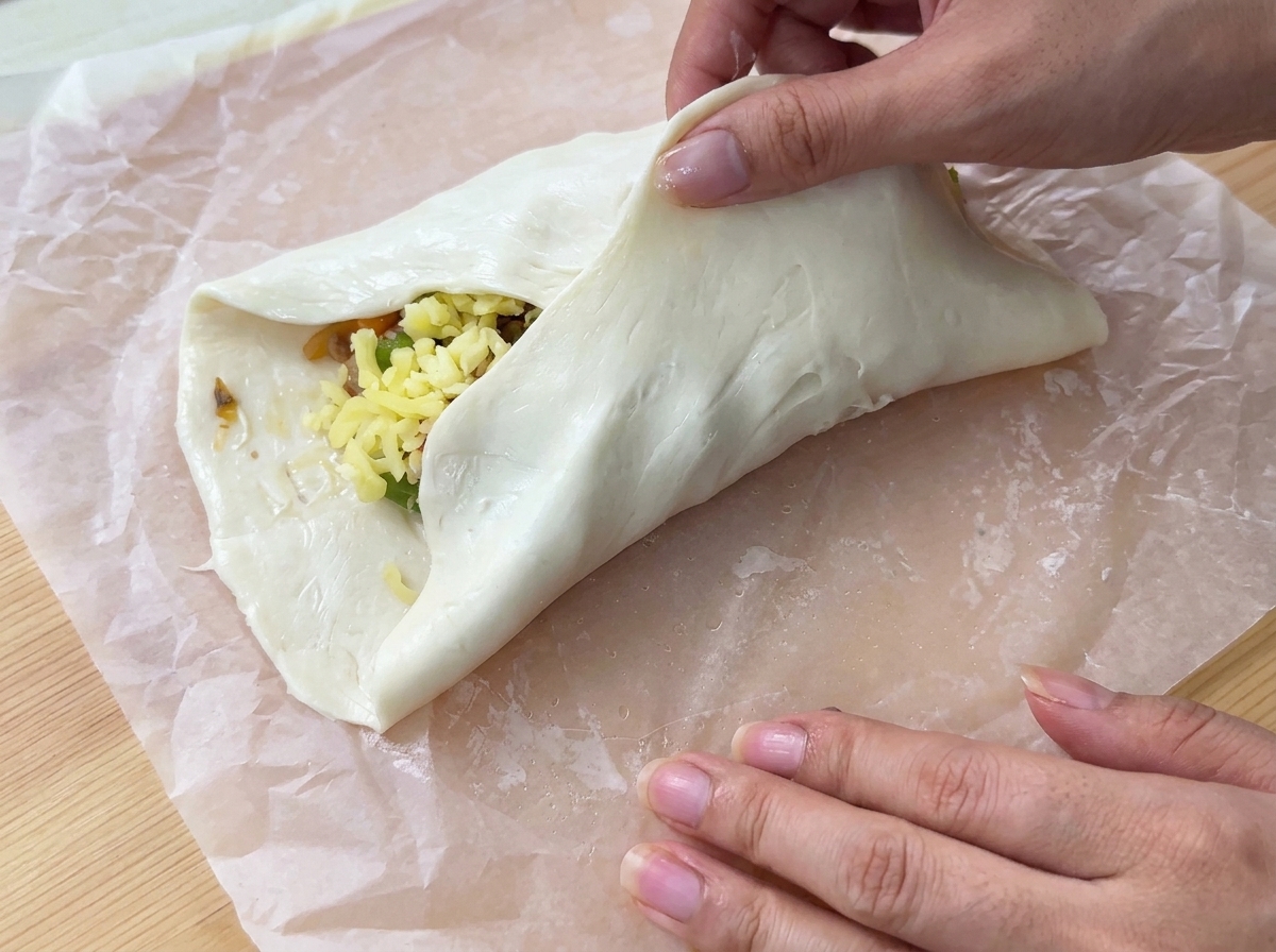 Manos doblando los bordes de una hoja de paratha sobre un relleno salado en papel pergamino.