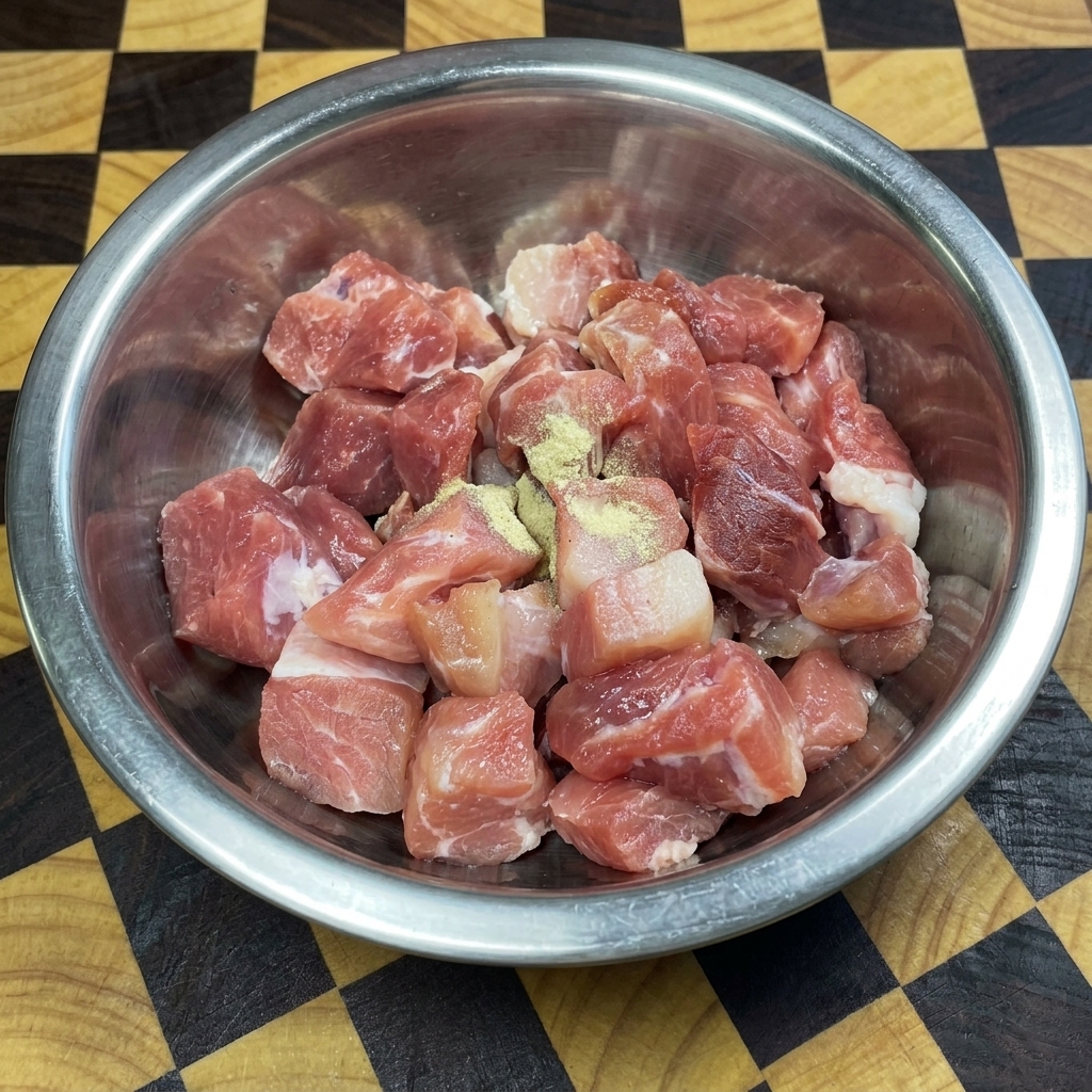 Cubos de cerdo en un bol de acero espolvoreados con pimienta blanca, salsa de soja y otros condimentos.