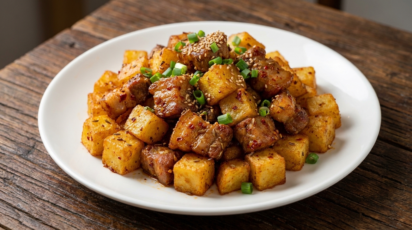 Cubos de Cerdo y Patatas Estilo Barbacoa al Cumino