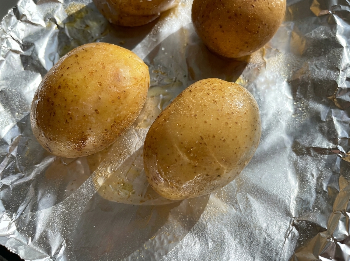 Papas enteras untadas con aceite y sal, envueltas en papel aluminio sobre una bandeja para horno.