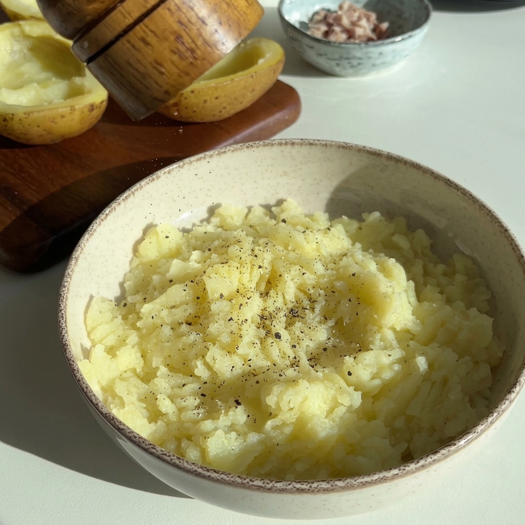 Pimienta siendo molida sobre un tazón de papas recién machacadas con jamón y queso.