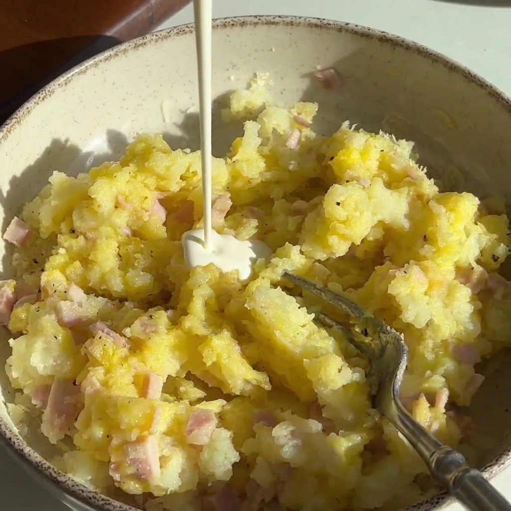 Crema ligera cayendo en un tazón de mezcla de papa mientras se revuelve con un tenedor.