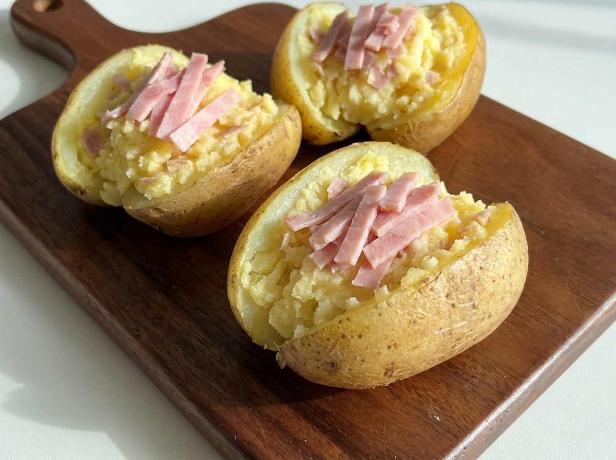 Mitades de papa rellenas cubiertas con tiras de jamón y listas para el queso.