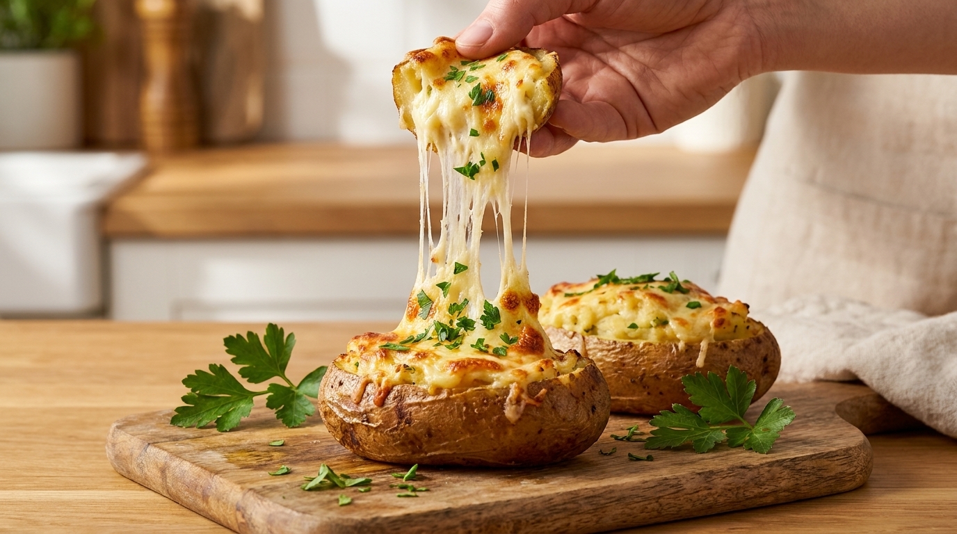 Papas Rellenas Doble Horno al Estilo Francés con Jamón y Queso