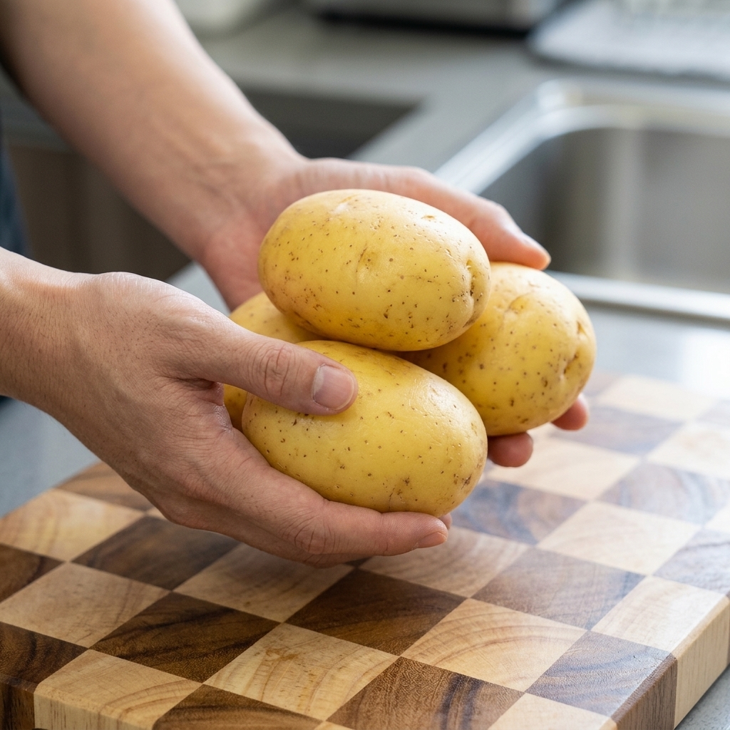 Un par de manos sosteniendo papas crudas y peladas frescas sobre una tabla de picar de madera.