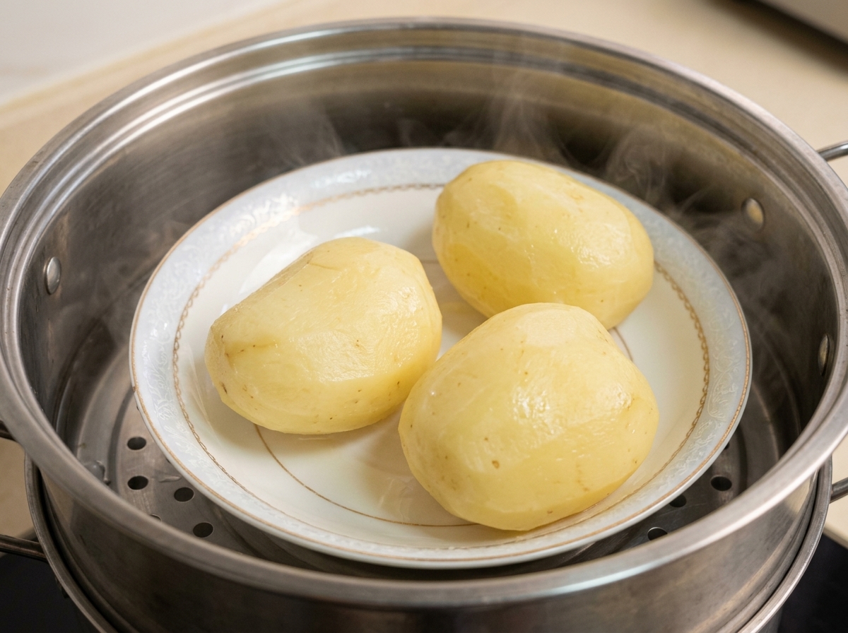 Papas peladas cocinándose al vapor en un plato dentro de una olla vaporera con vapor saliendo.