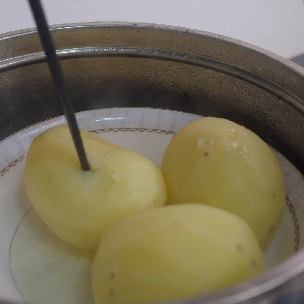 Un palillo siendo insertado en una papa al vapor para comprobar su ternura.