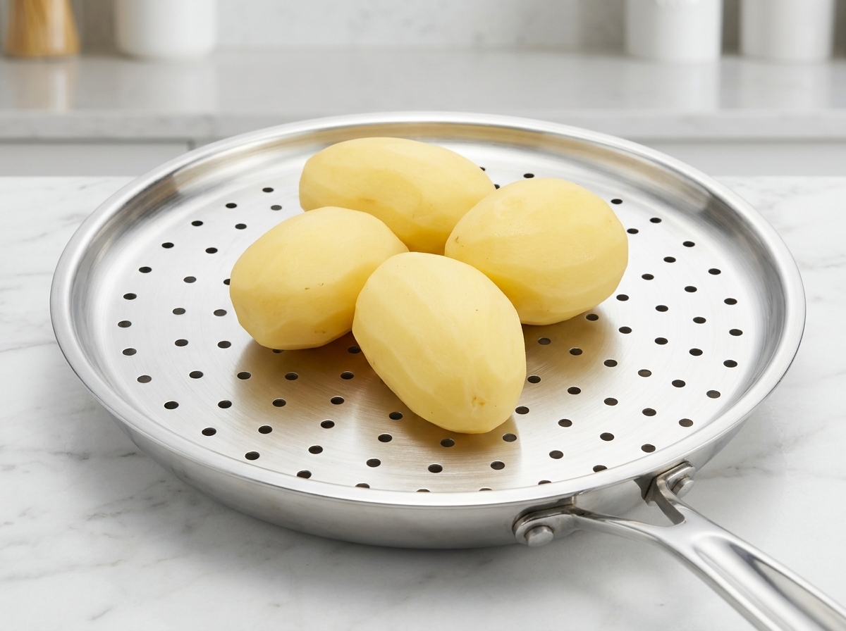 Cuatro papas enteras peladas dentro de una canasta de metal para cocinar al vapor.