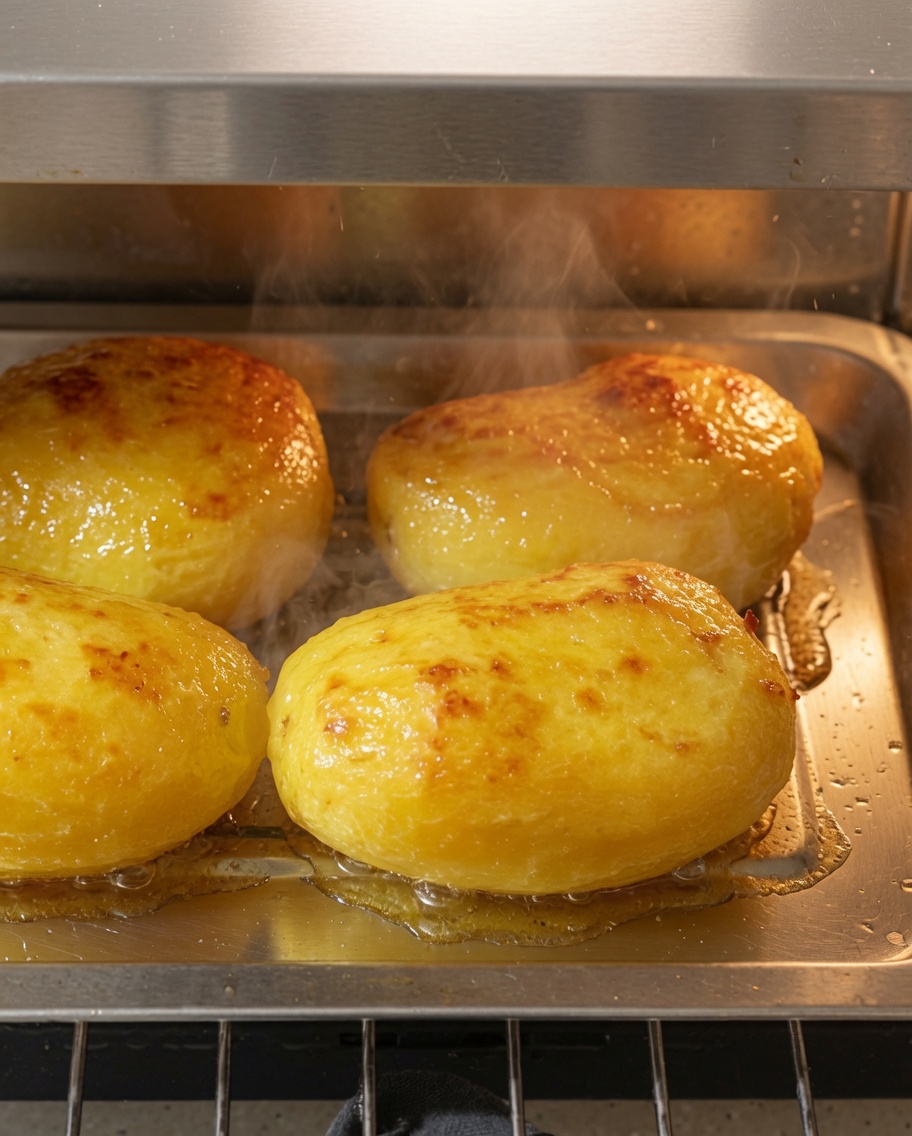 Unas pinzas de metal volteando las papas asadas dentro de una bandeja de horno caliente.