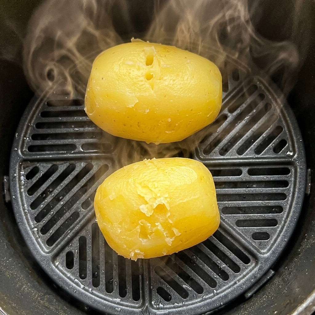 Dos patatas al vapor dentro de una cesta de freidora de aire rodeadas de vapor.