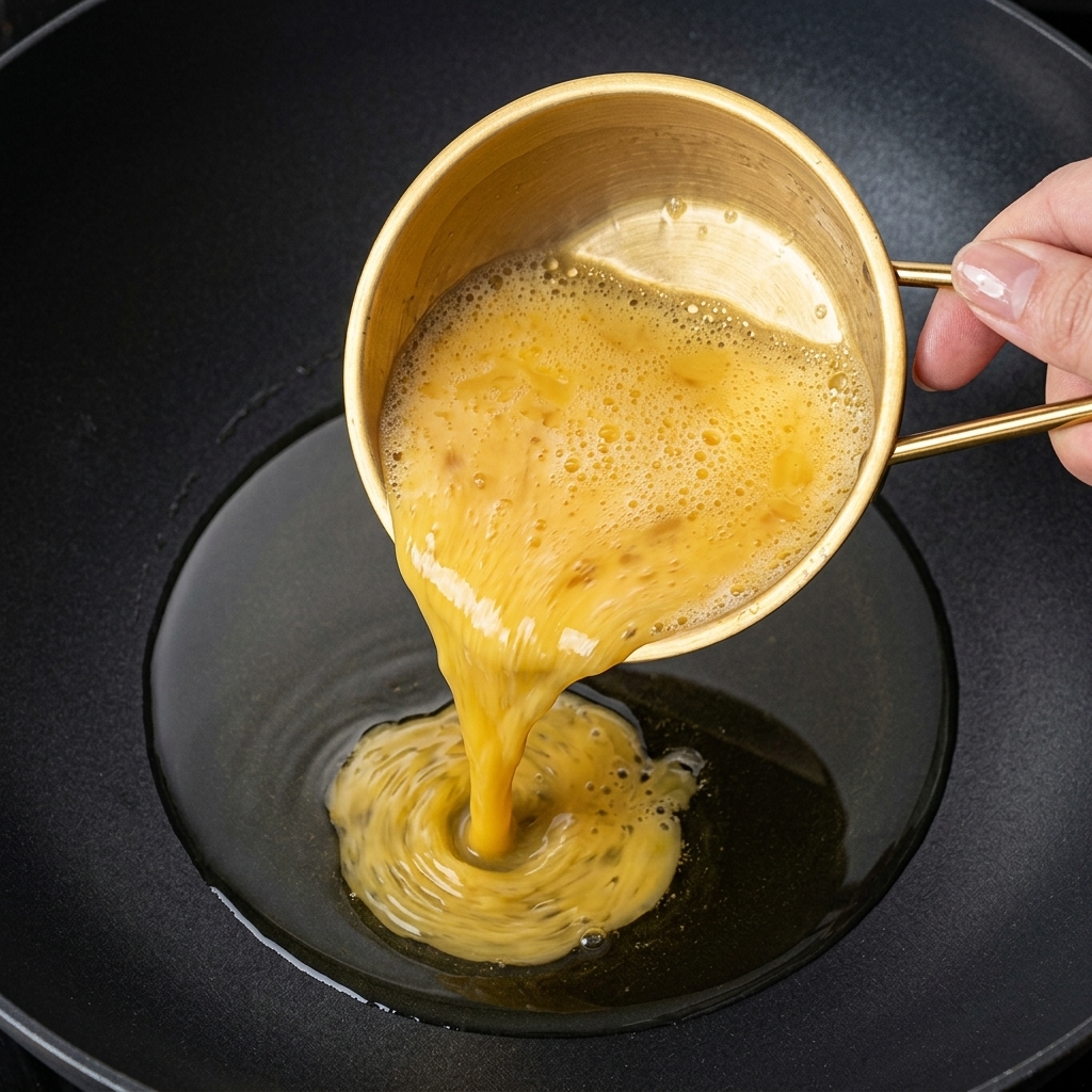 Huevos batidos líquidos vertidos desde un bol pequeño dorado en un wok caliente con aceite.