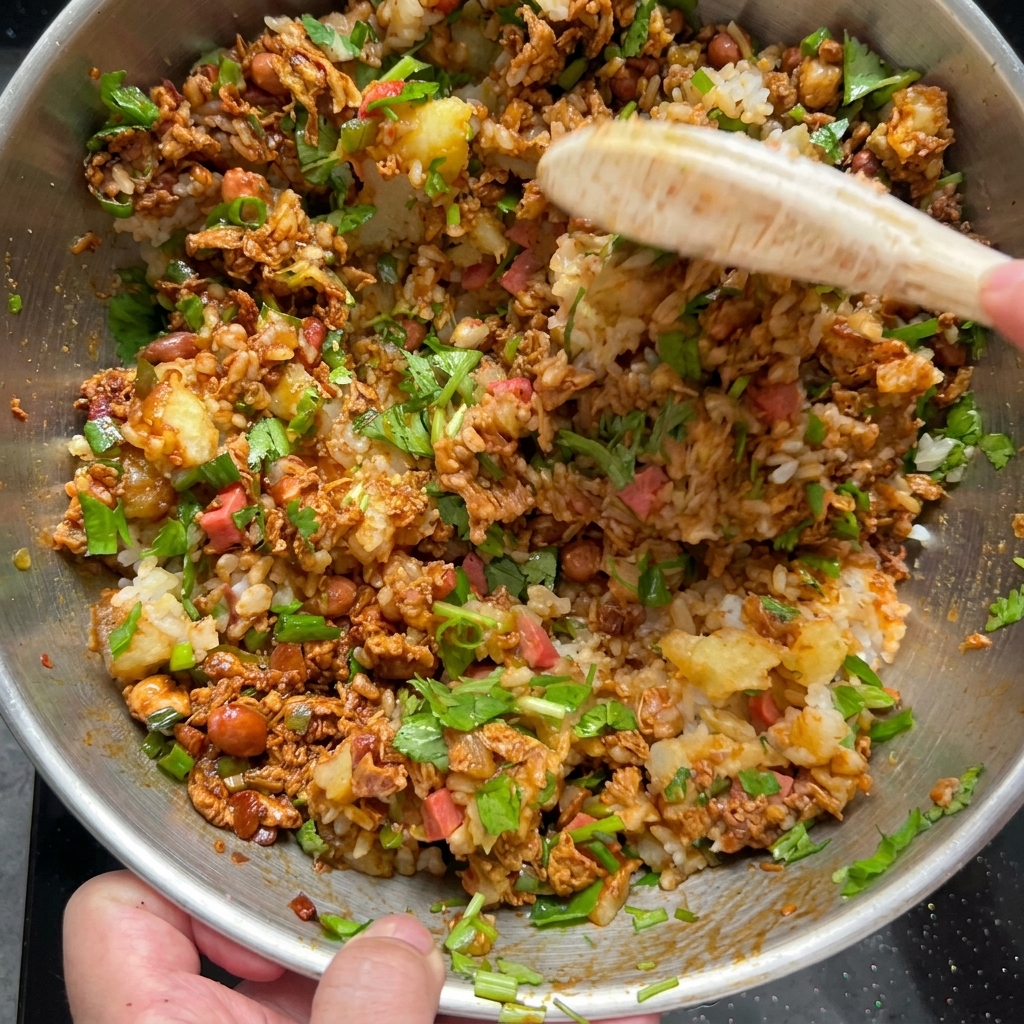 La mezcla de arroz sazonado y patata siendo colocada a cucharadas en las pieles de patata horneadas.