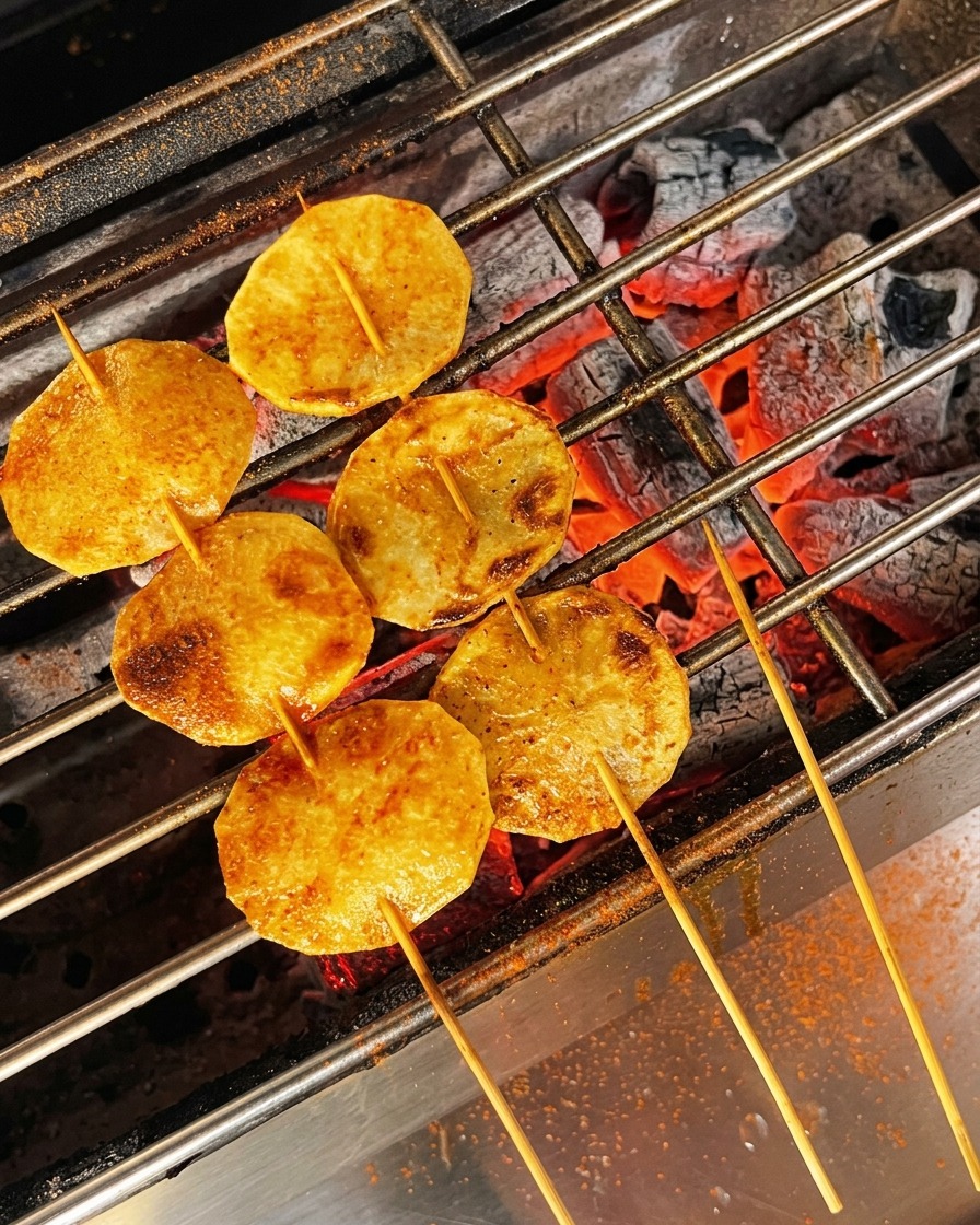 Rodajas de patata doradas y aceitadas siendo espolvoreadas con chile en polvo rojo en la parrilla.