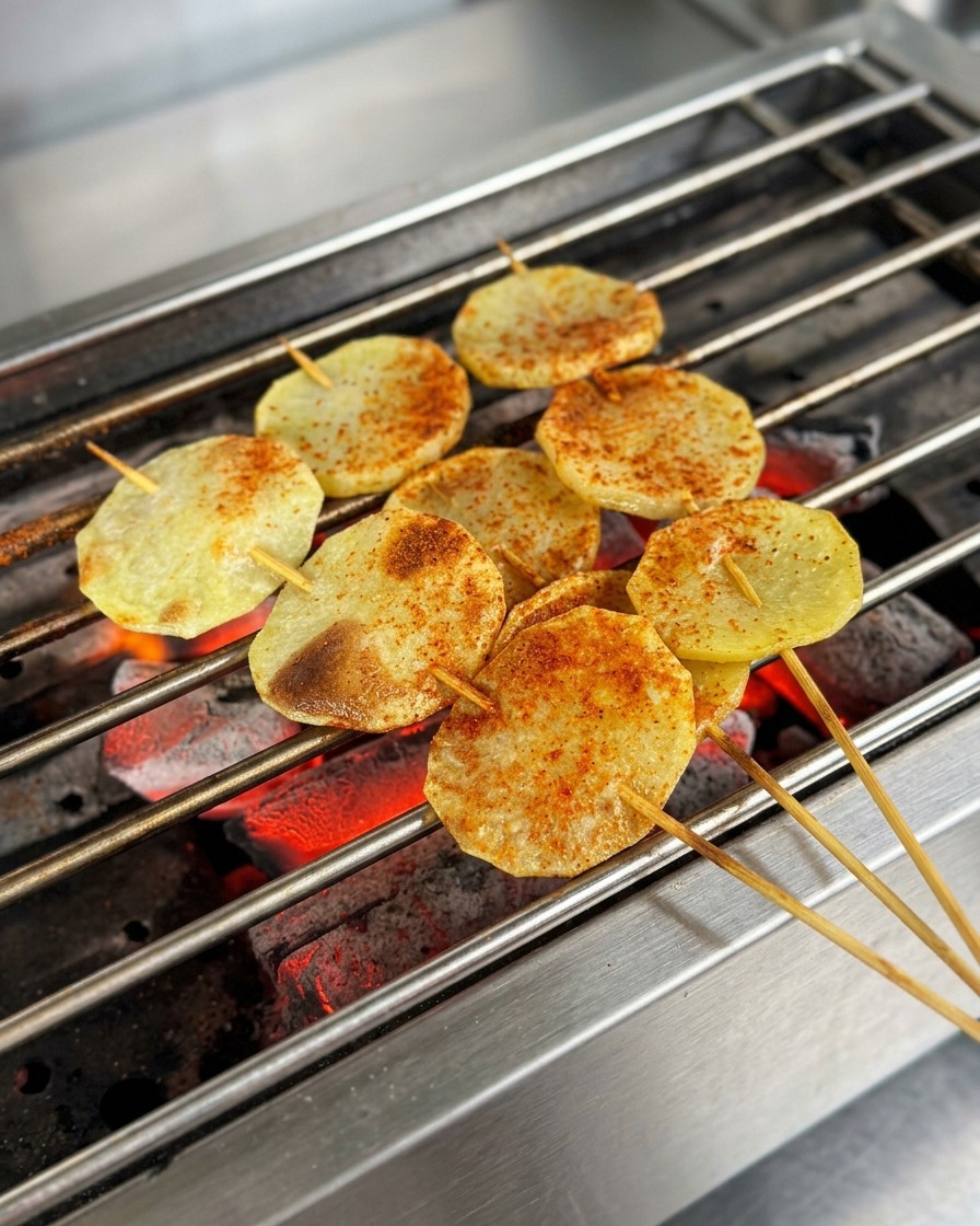 Rodajas de patata asada y sazonada siendo decoradas con semillas de sésamo blanco.