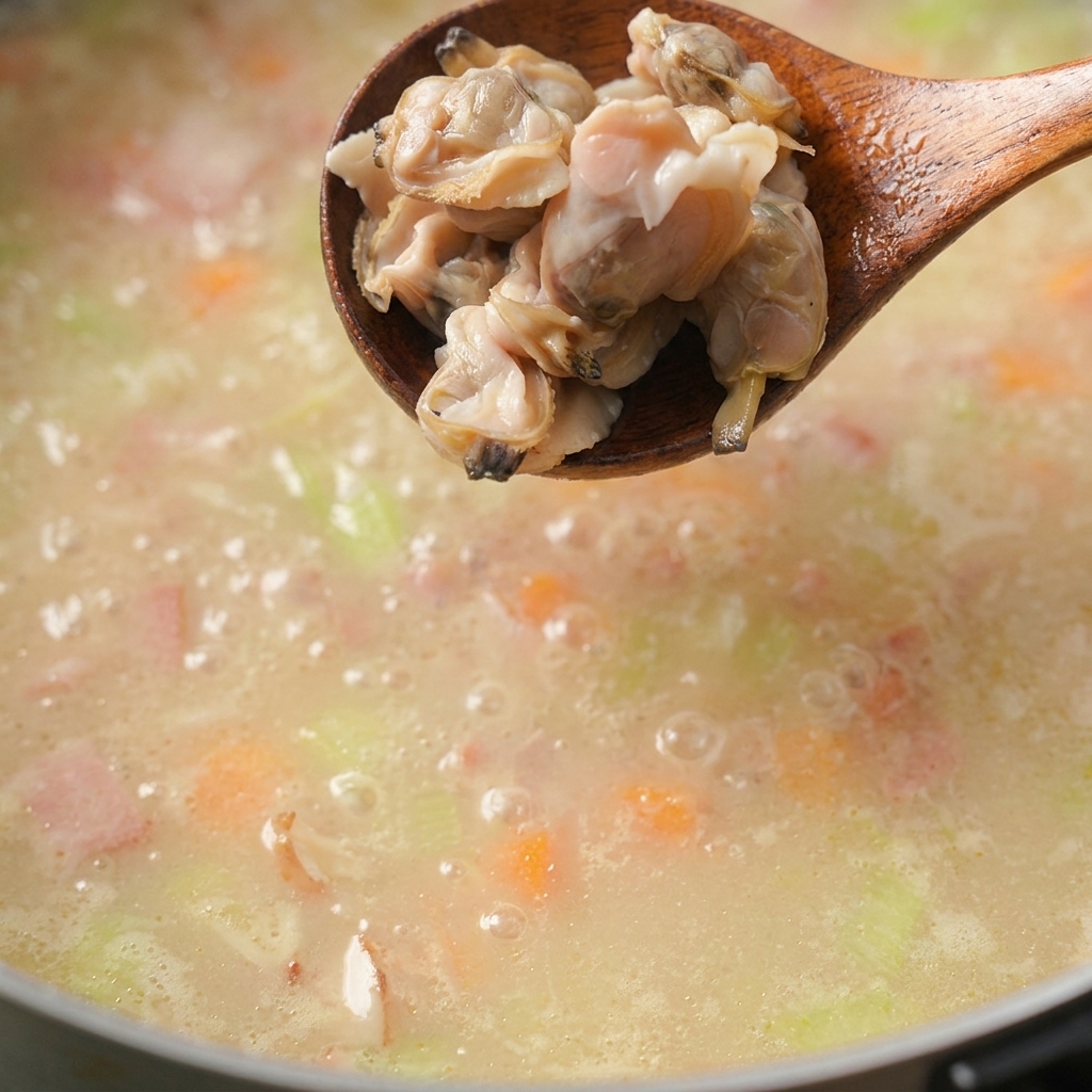 Carne de almeja siendo levantada con una cuchara de madera sobre una olla de base de sopa cremosa y burbujeante.
