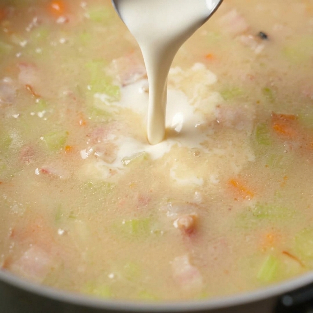 Crema para batir vertiéndose desde una cuchara en una olla de sopa cremosa con trozos de apio y tocino.