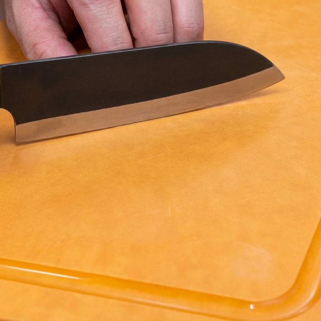 Un cuchillo de cocina cortando jengibre fresco en finas tiras sobre una tabla de cortar naranja.