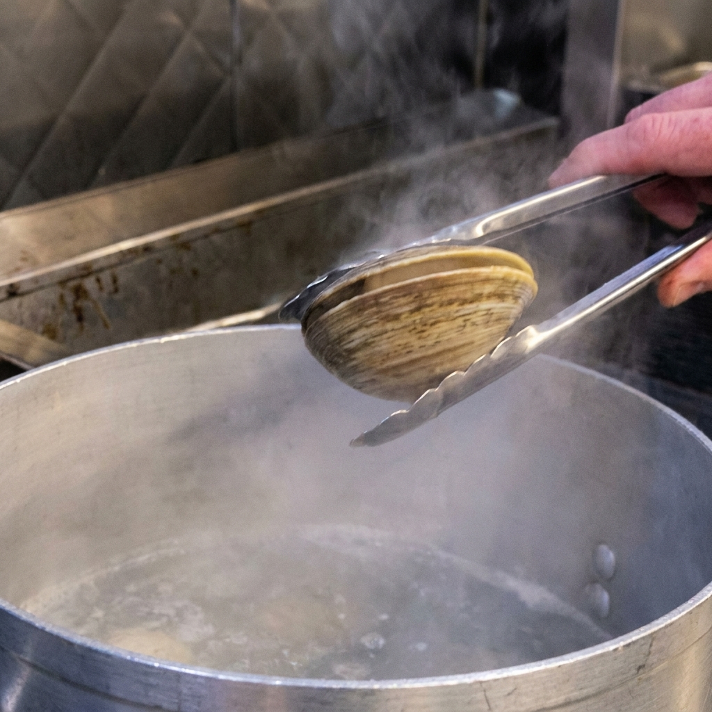 Pinzas sacando una almeja recién abierta de una olla grande de aluminio con agua humeante.