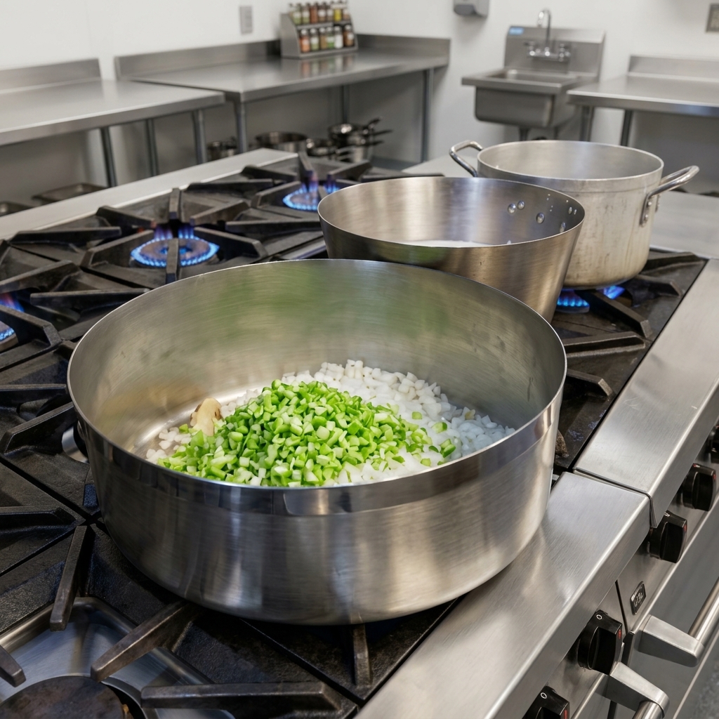 Una olla de metal grande en una estufa de gas llena de cebolla blanca picada y vegetales listos para ser sofritos.
