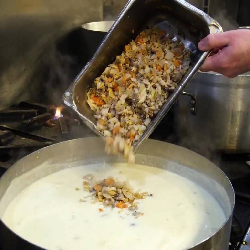 Una bandeja de metal vertiendo una mezcla de almejas picadas y vegetales en una olla grande con sopa de crema blanca hirviendo a fuego lento.