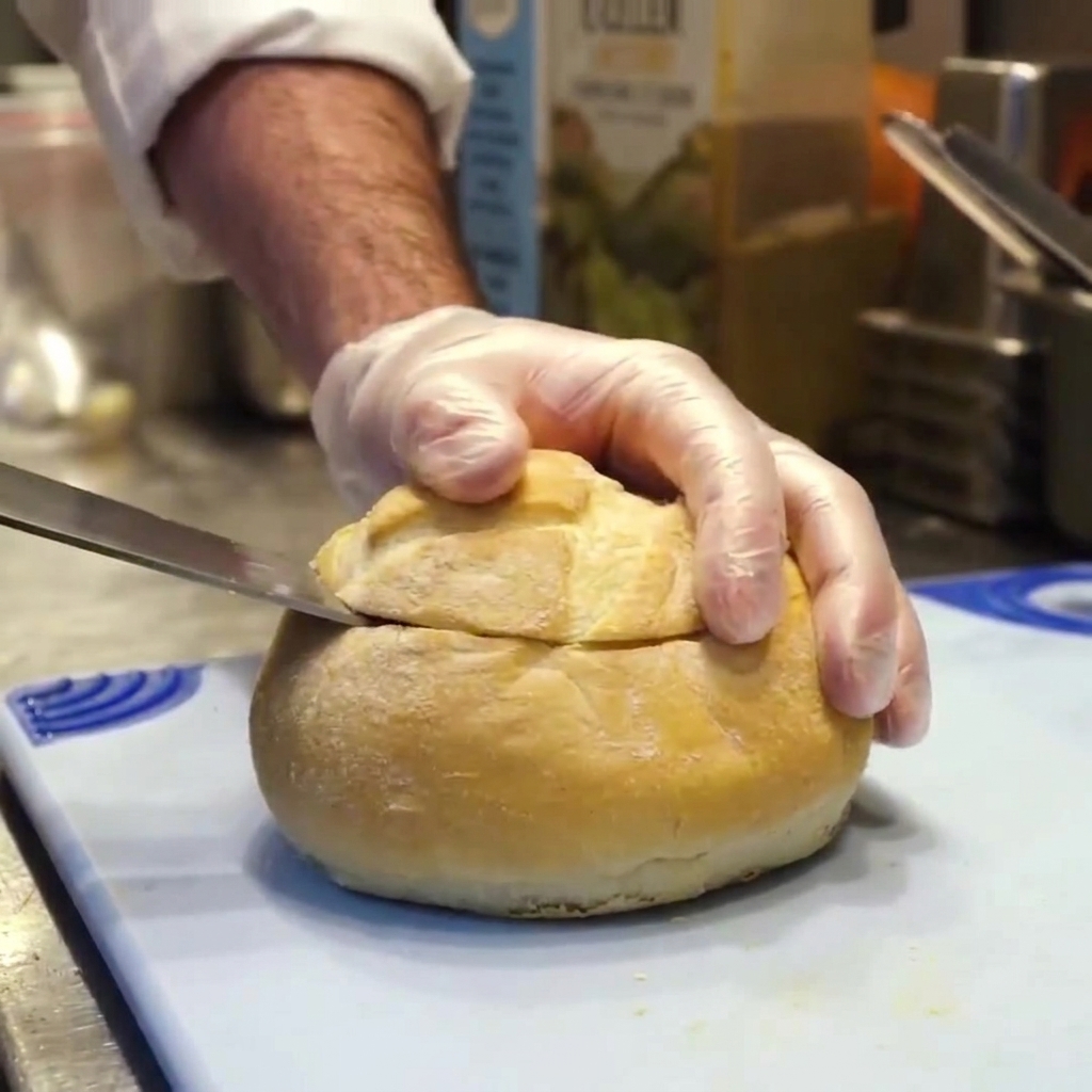 Una persona usando guantes aptos para alimentos y un cuchillo para cortar la parte superior de un pan rústico redondo.