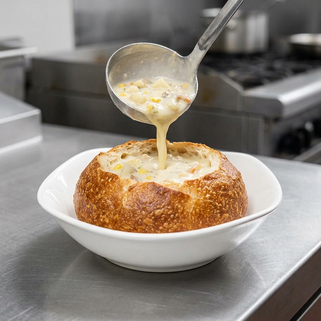 Un cucharón de metal vertiendo una sopa de almejas espesa y cremosa llena de papas y almejas en un tazón de pan rústico.