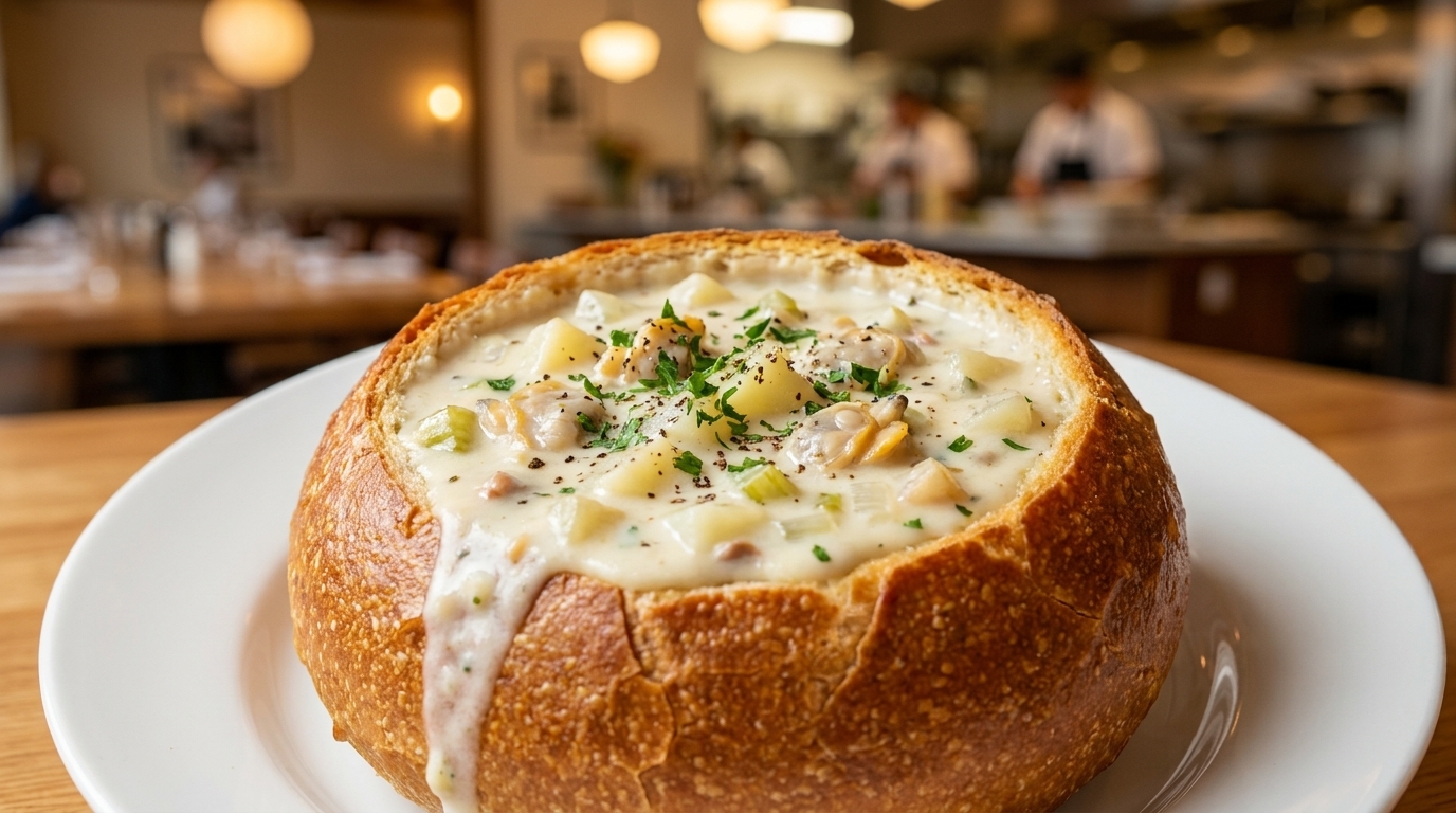 Clásica Sopa Clam Chowder de Nueva Inglaterra en Tazón de Pan