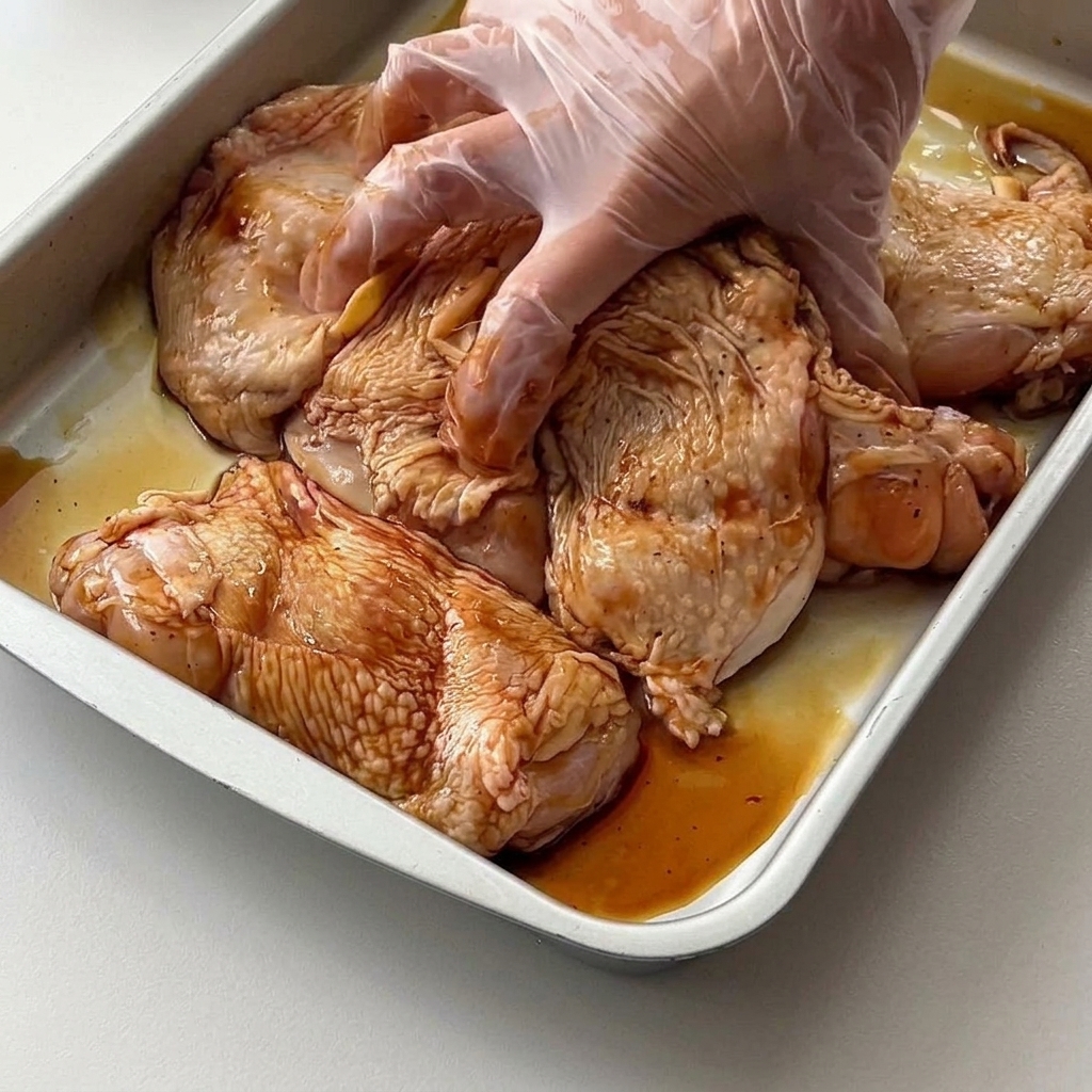 Una mano con guante masajeando y mezclando el adobo en los muslos de pollo crudos dentro de una bandeja.