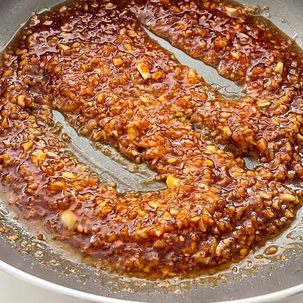 Una mezcla rica, oscura y burbujeante de ajo y salsa de soja burbujeando en una sartén.