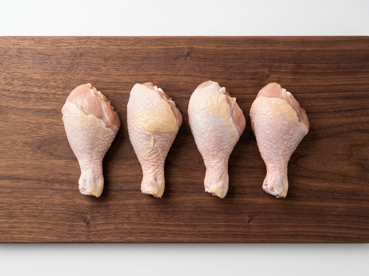 Cuatro muslos de pollo crudos dispuestos ordenadamente uno al lado del otro en una tabla de cortar de madera oscura.