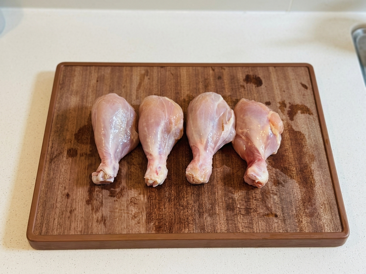 Cuatro muslos de pollo crudos sin piel descansando sobre una tabla de cortar marrón.