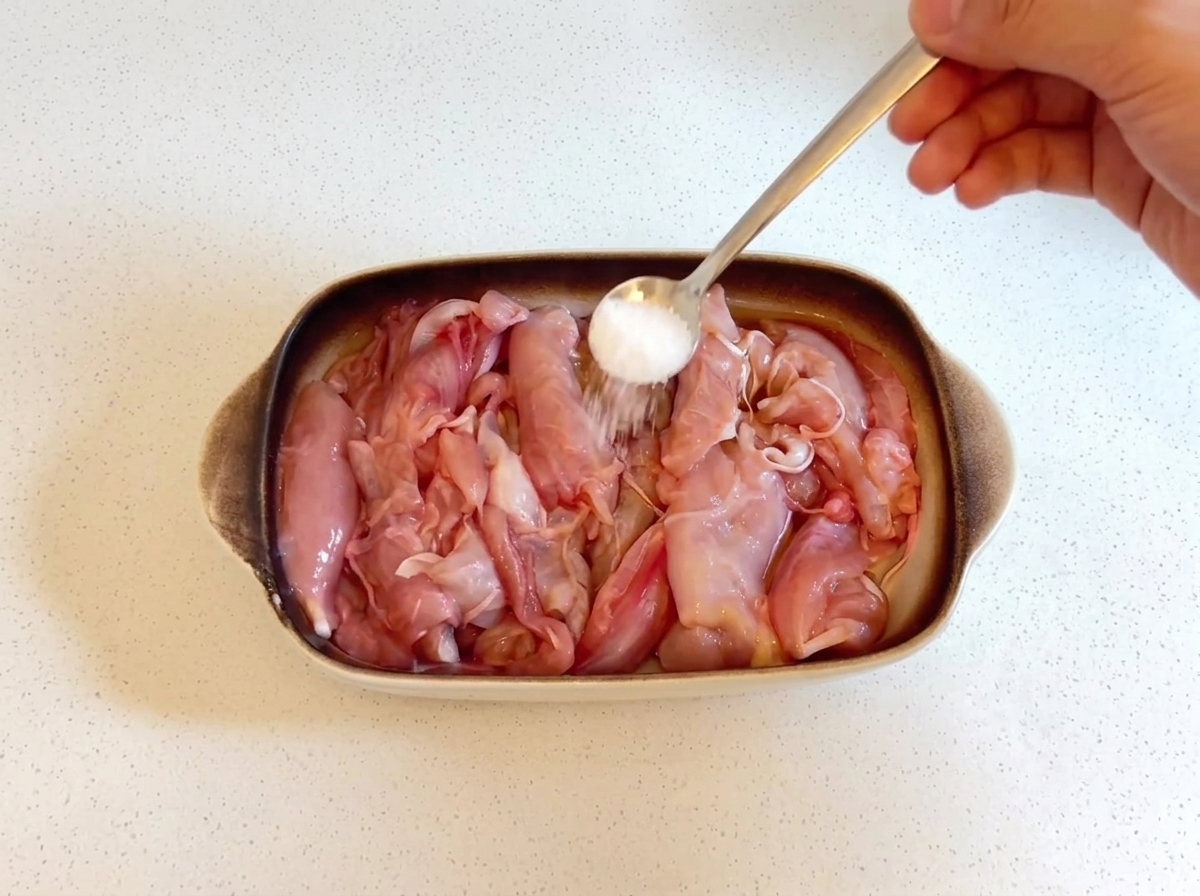Una cucharada de sal siendo espolvoreada sobre trozos de pollo crudo dentro de una fuente de cerámica para horno.