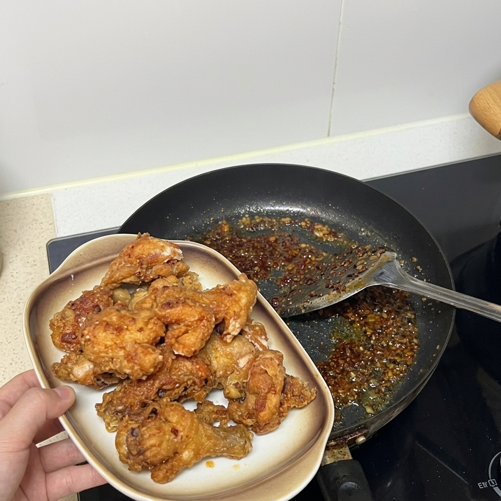 Una mano sosteniendo un plato de cerámica con trozos de pollo frito dorado junto a una sartén que contiene una mezcla de salsa burbujeante.