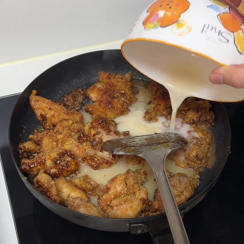 Trozos de pollo hirviendo a fuego lento en una salsa rica dentro de una sartén a fuego alto.