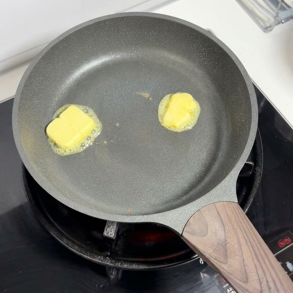 Dos cubos de mantequilla amarilla derritiéndose y haciendo burbujas en una sartén a fuego bajo.
