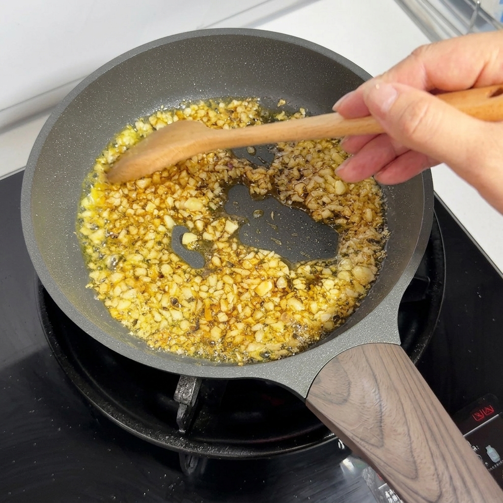 Ajo picado y mantequilla derritiéndose y hirviendo a fuego lento en una sartén con una cuchara de madera removiéndolos.