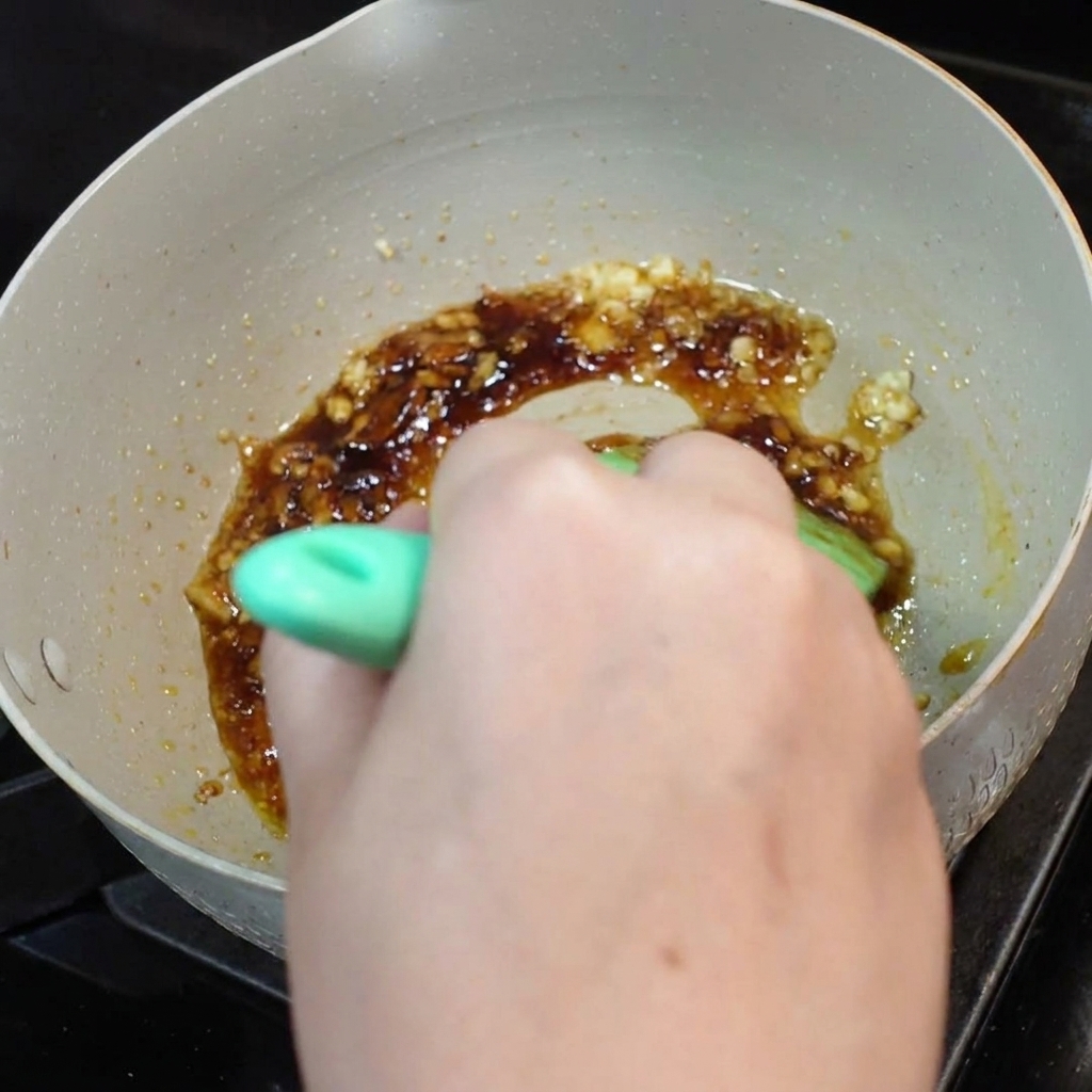 La mezcla de salsa siendo revuelta a fondo con una espátula verde en la sartén.
