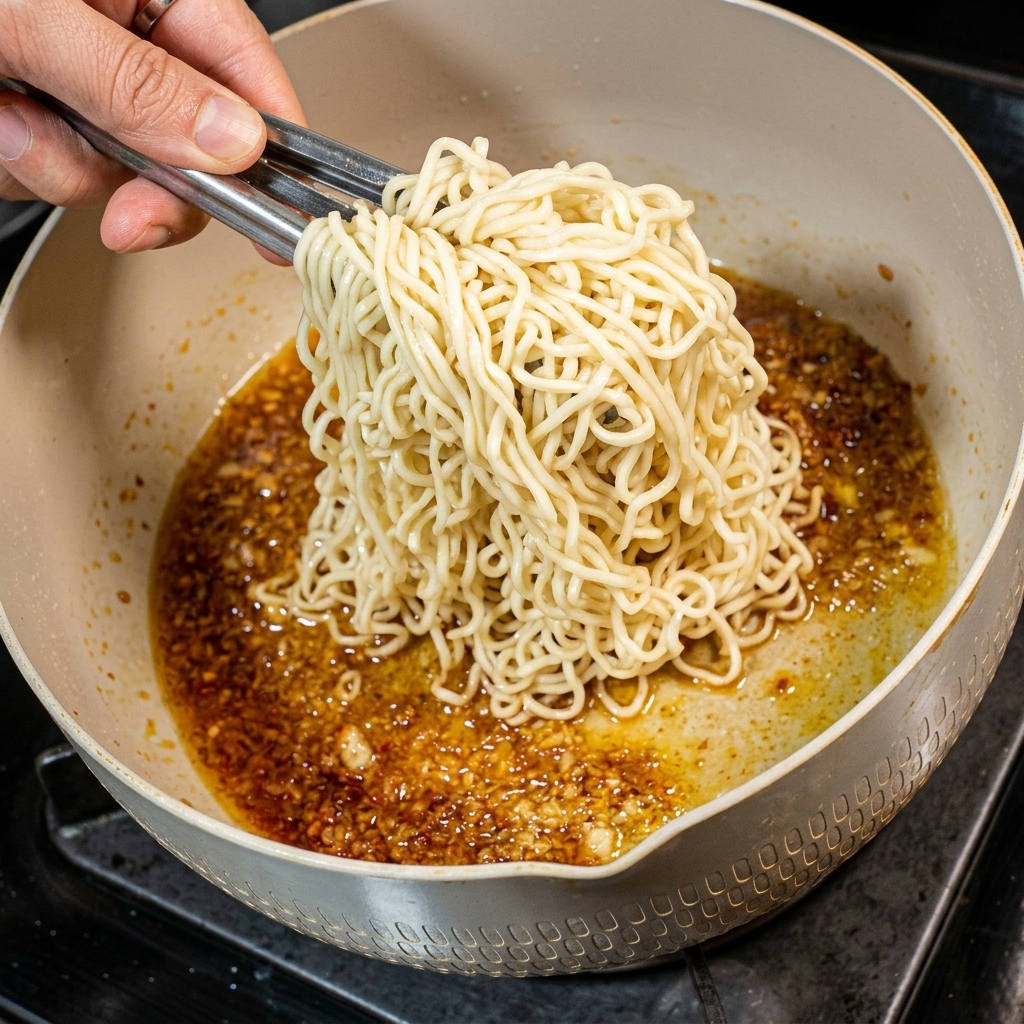 Un par de pinzas de metal levantando y colocando fideos cocidos dentro de la sartén que contiene la salsa.