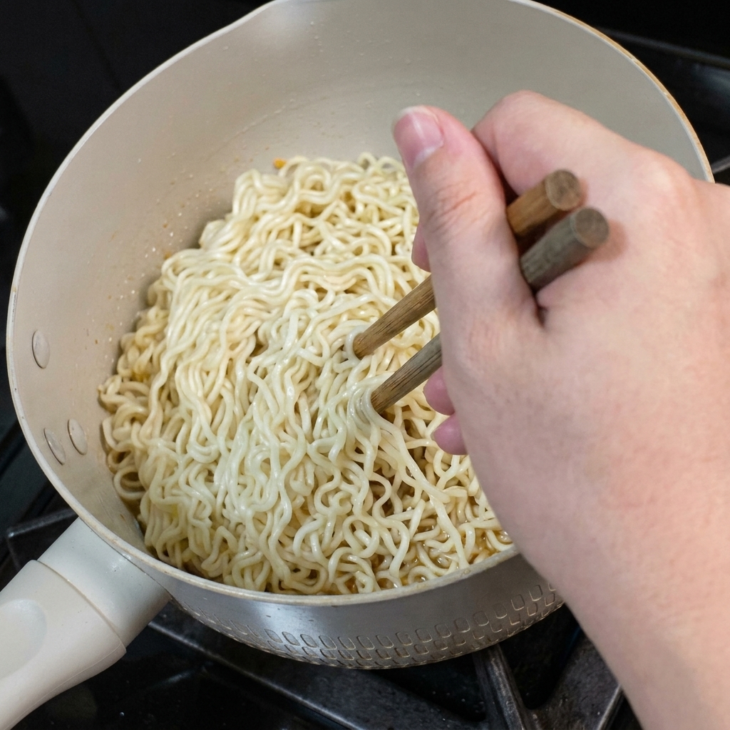 Palillos de madera salteando un montón de fideos dentro de la sartén para cubrirlos con la salsa.
