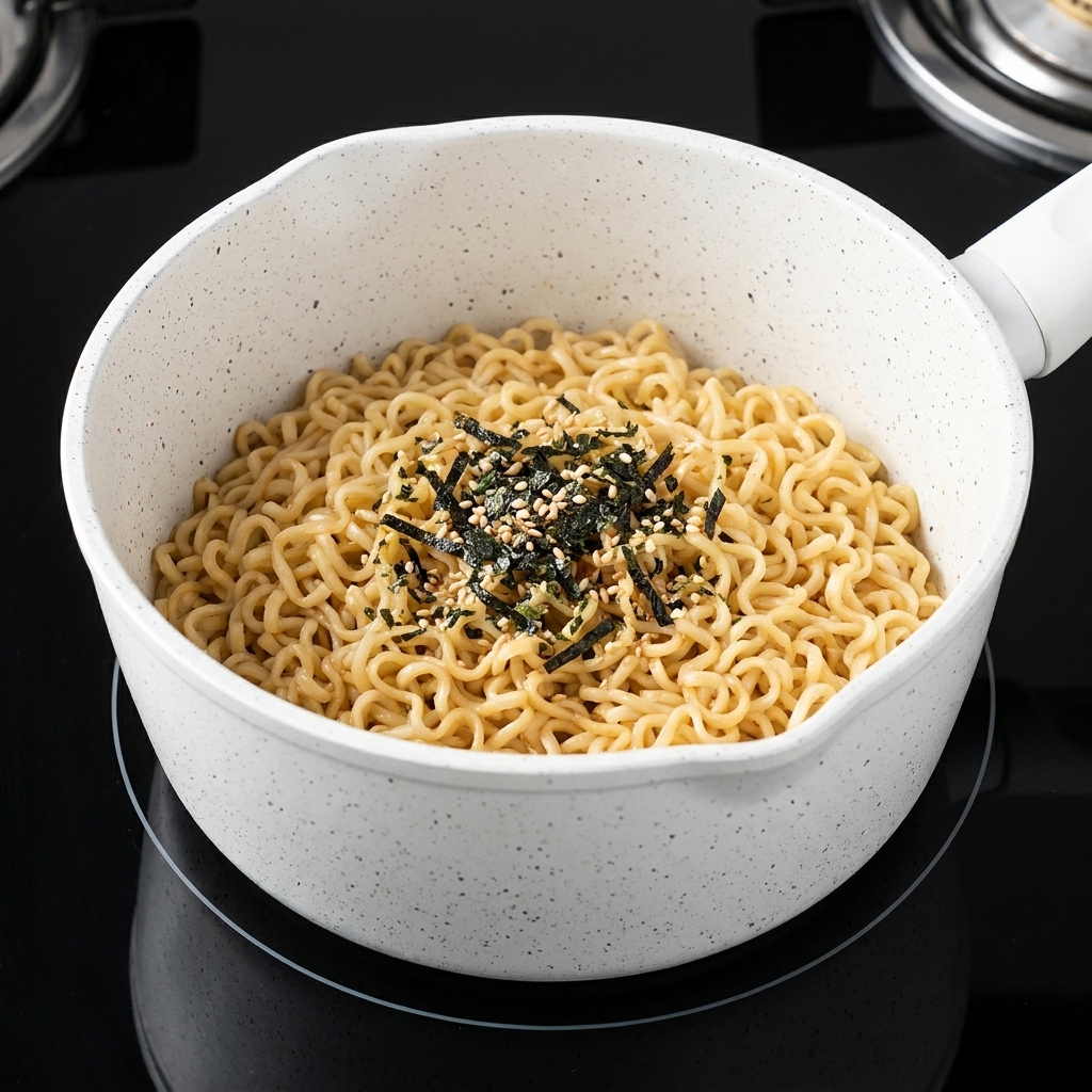Un puñado de hojuelas de algas y semillas de sésamo amontonadas sobre fideos cocidos en una olla blanca.