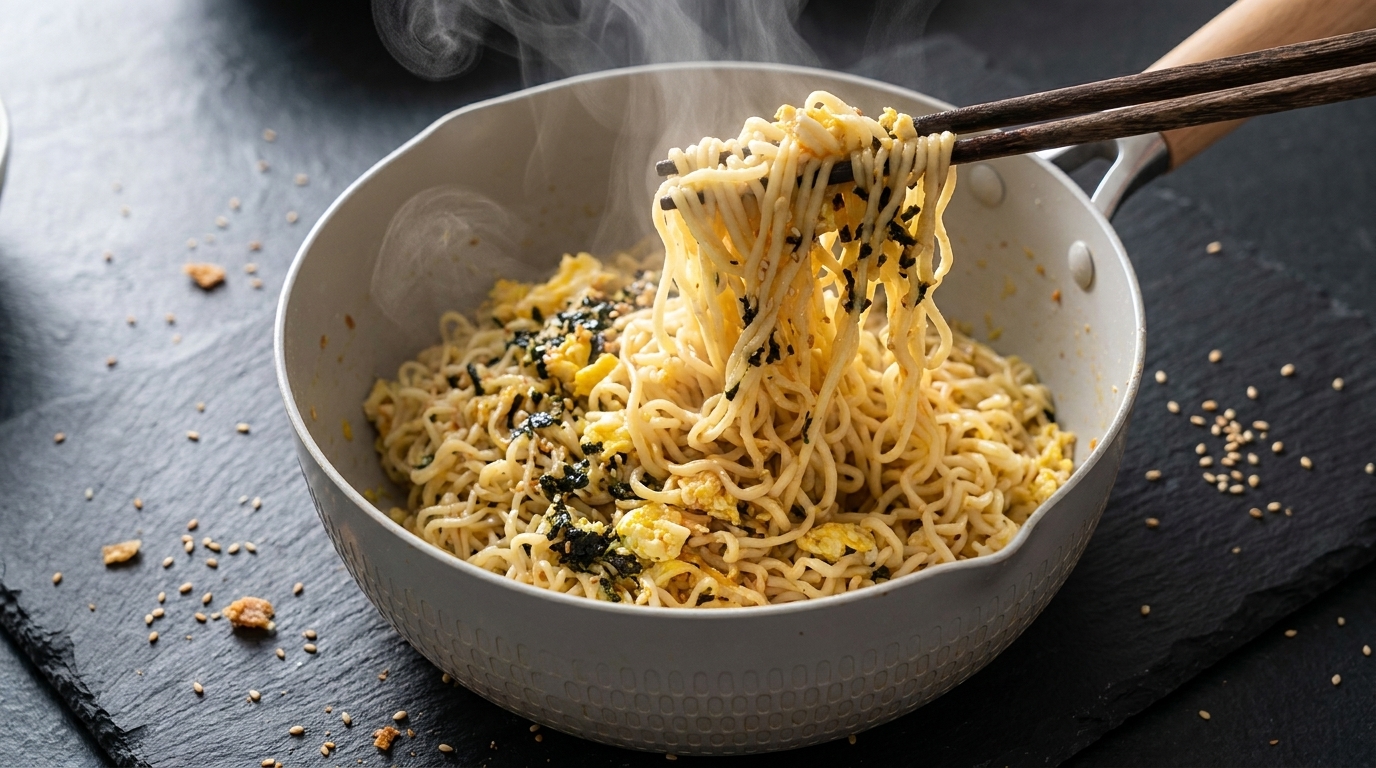 Fideos con Mantequilla de Ajo y Huevo Revuelto