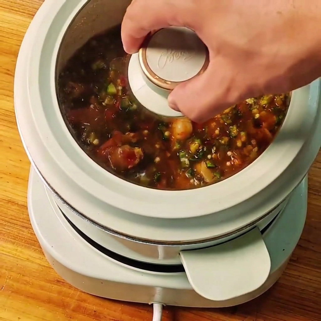 Una tapa de vidrio siendo colocada sobre la olla blanca para dejar que el estofado hierva a fuego lento.
