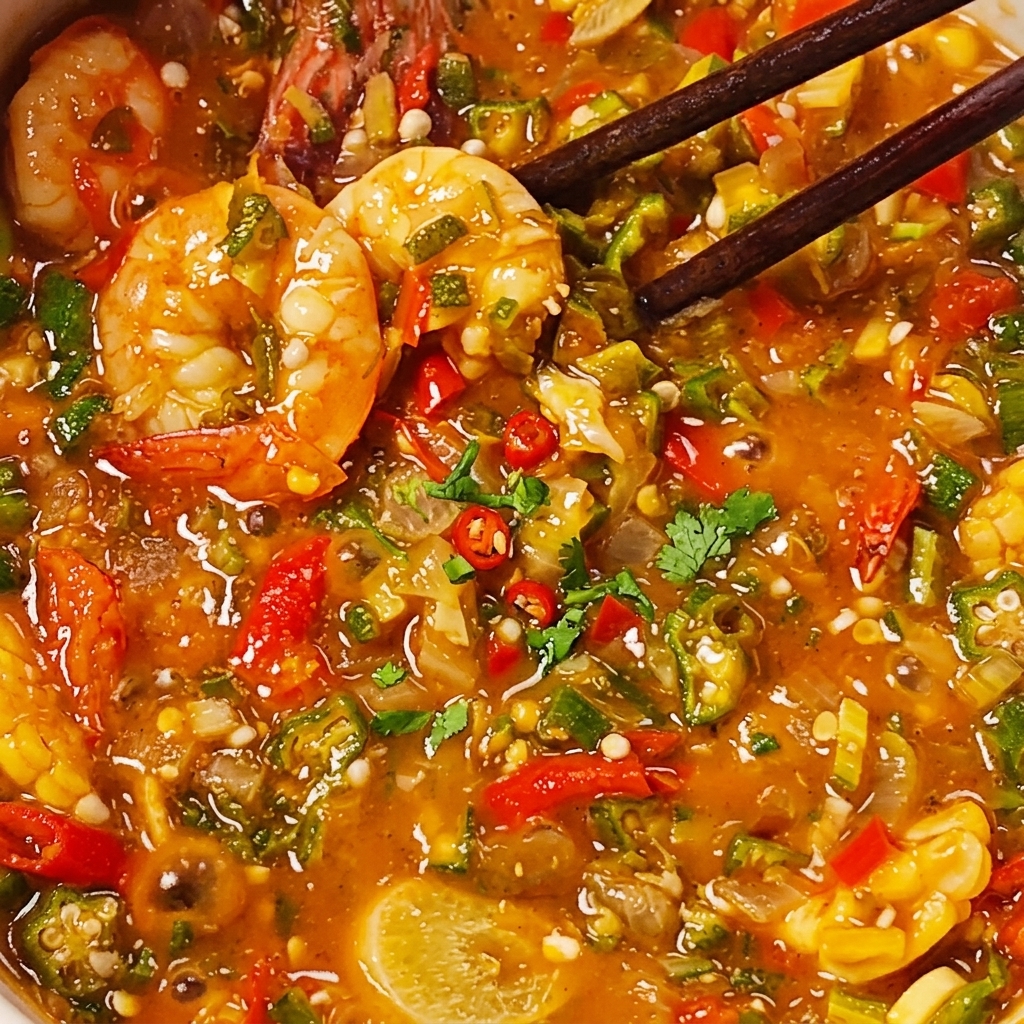 Una cucharada de sal siendo espolvoreada en el estofado espeso y cocido de okra y camarones para sazonar.