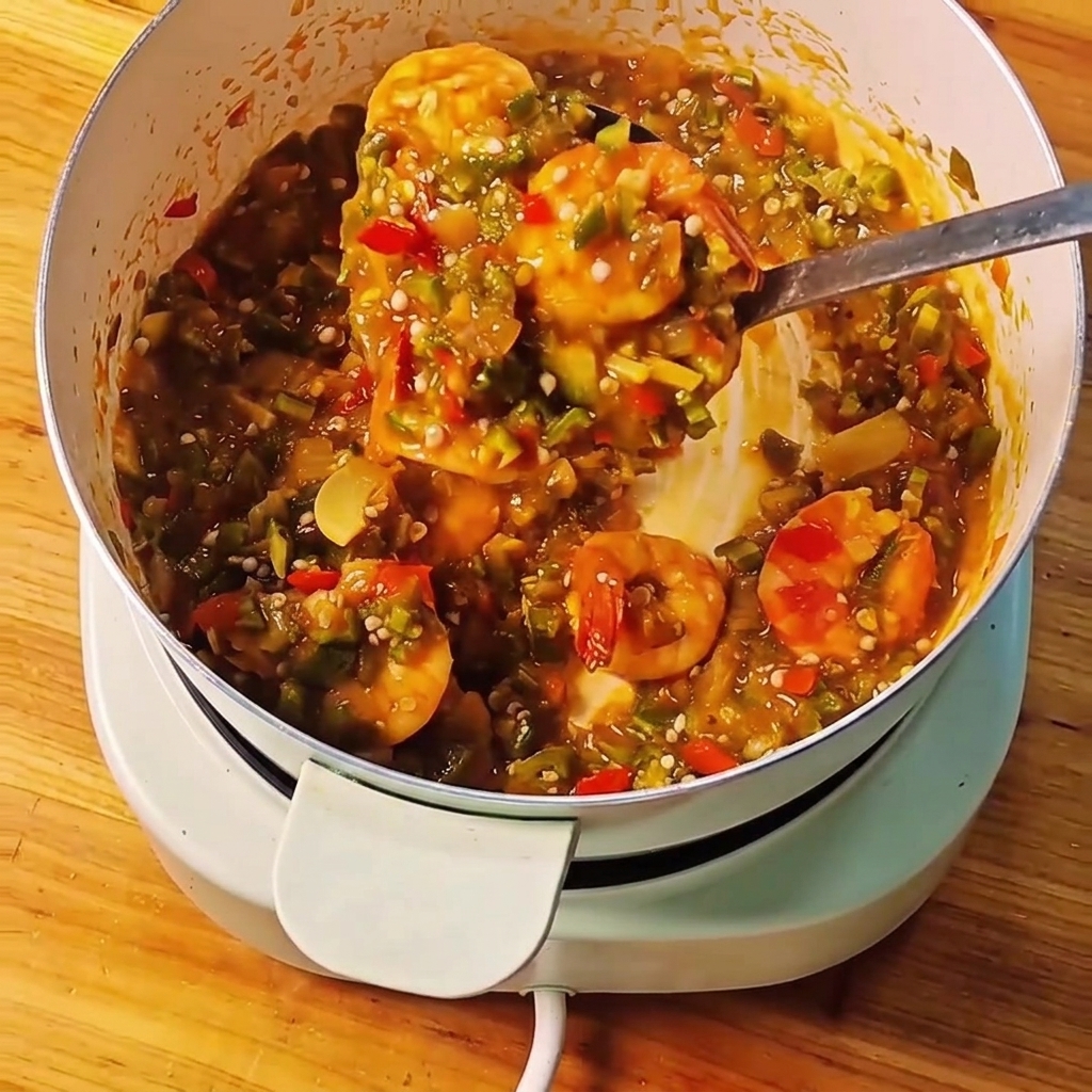 Una gran porción del estofado terminado, espeso de okra y camarones siendo servida con un cucharón de metal desde la olla.