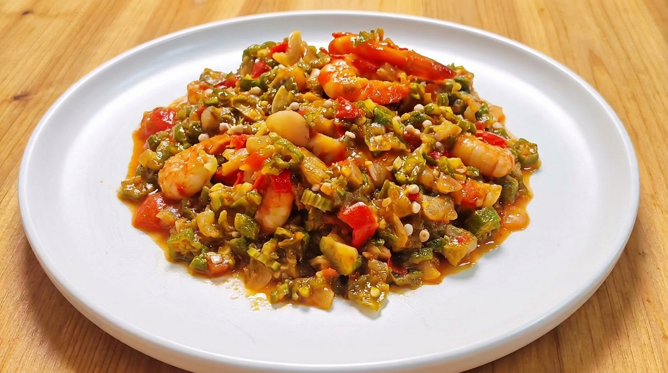 Una vista de cerca del estofado terminado de okra y camarones servido en un plato blanco limpio, mostrando trozos de okra verde, tomates rojos y camarones rosados cocidos.cite: 1